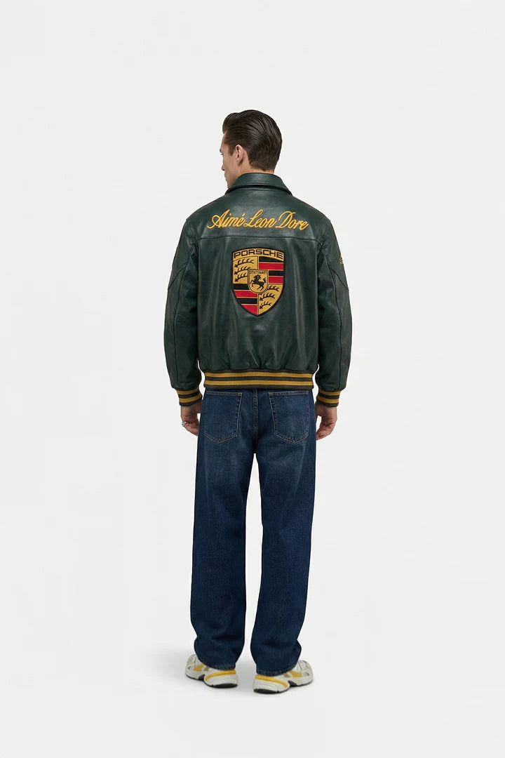 Porsche Vintage Leather Bomber Jacket - Green Edition