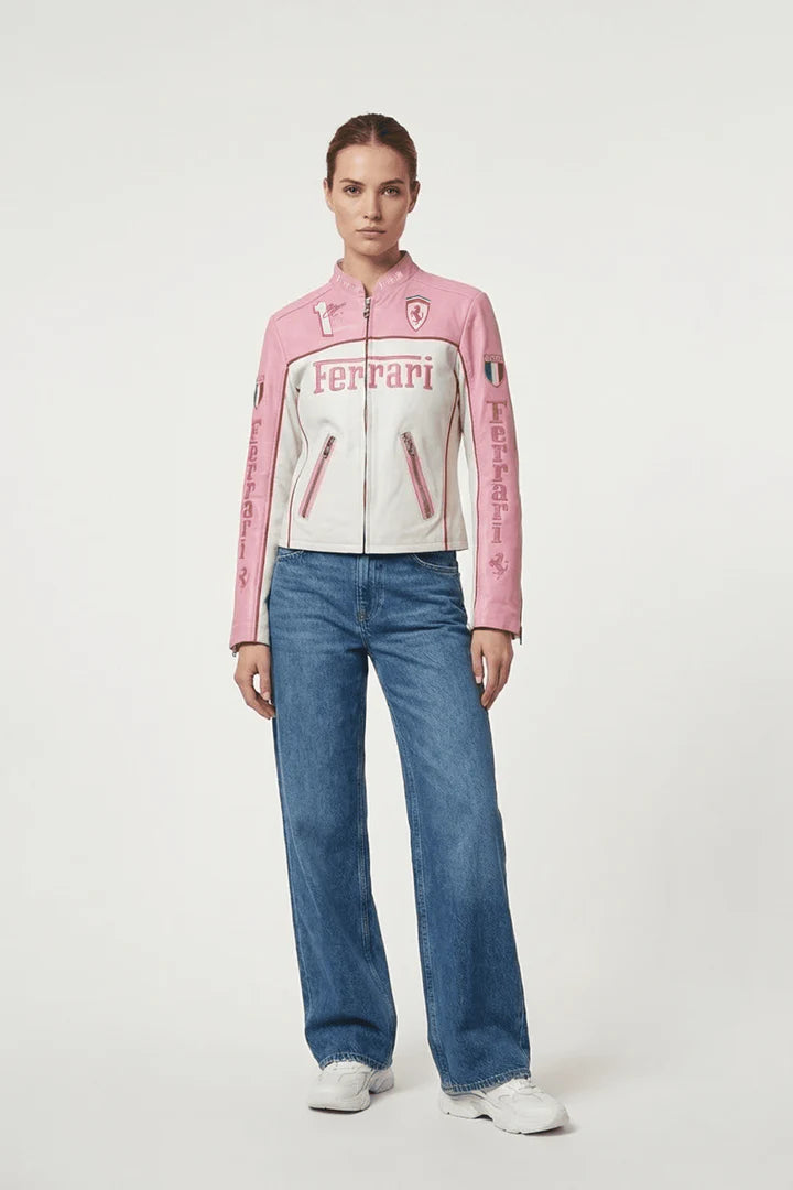 Ferrari F1 Vintage Racing Leather Jacket - Pink & White Edition