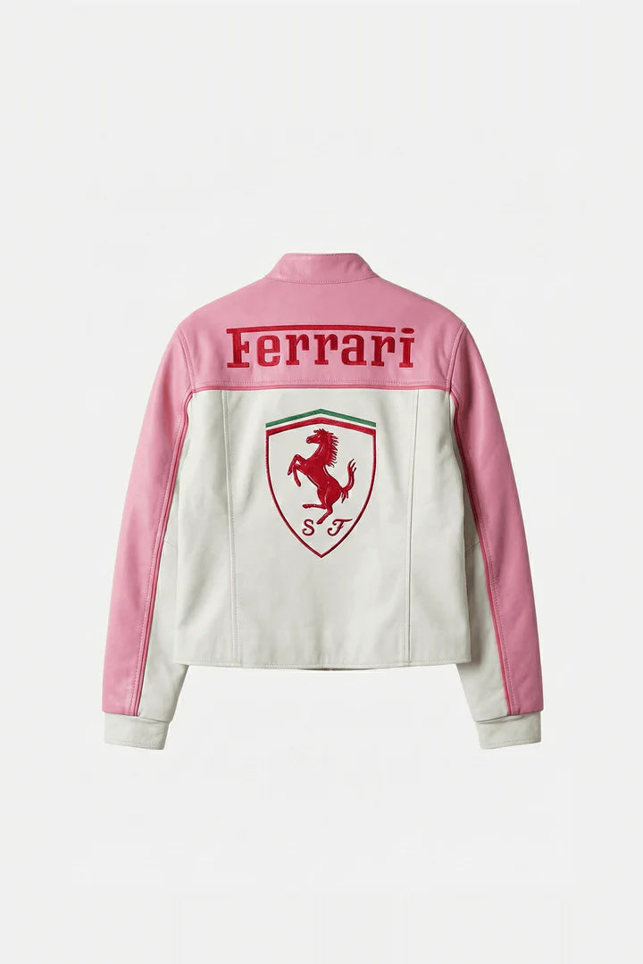 Ferrari F1 Vintage Racing Leather Jacket - Pink & White Edition