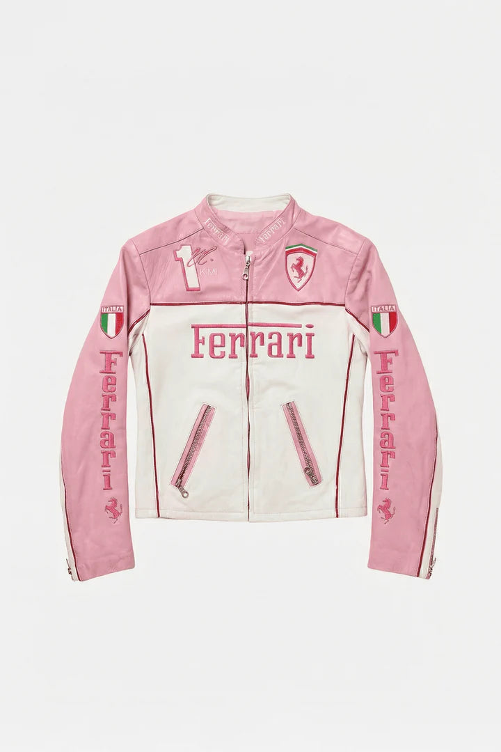 Ferrari F1 Vintage Racing Leather Jacket - Pink & White Edition