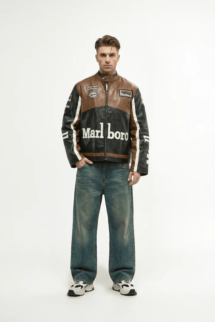 Marlboro Vintage Racing Leather Jacket - Brown & Black Edition