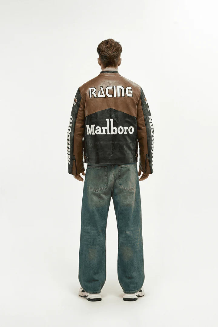 Marlboro Vintage Racing Leather Jacket - Brown & Black Edition