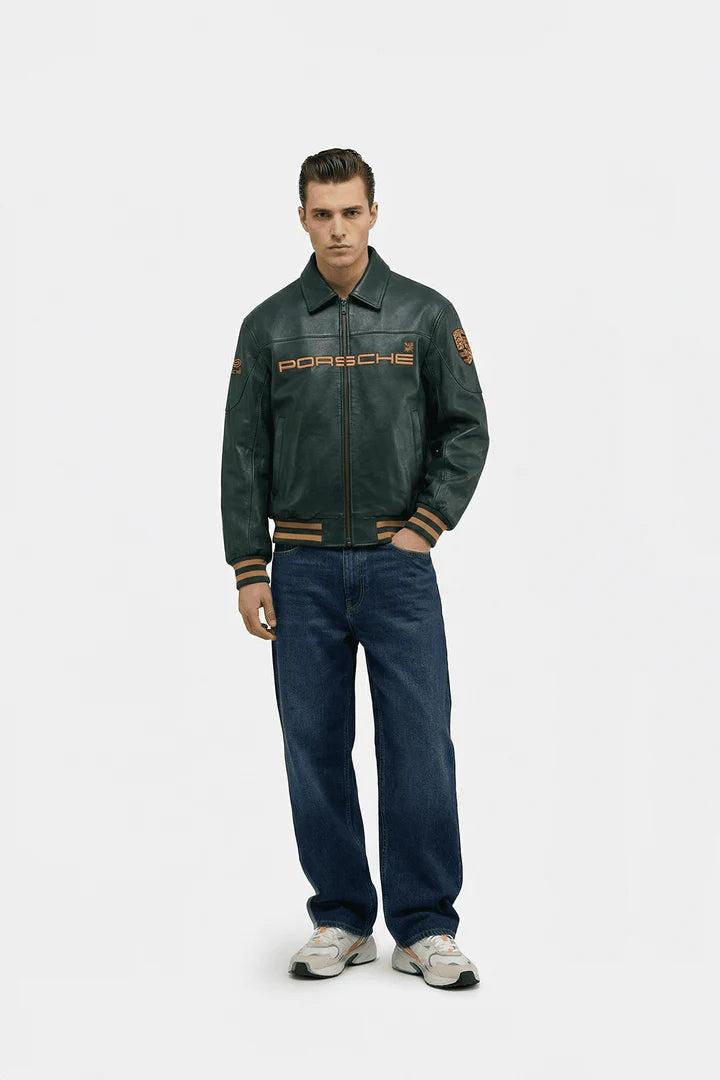 Porsche Vintage Leather Bomber Jacket - Green Edition